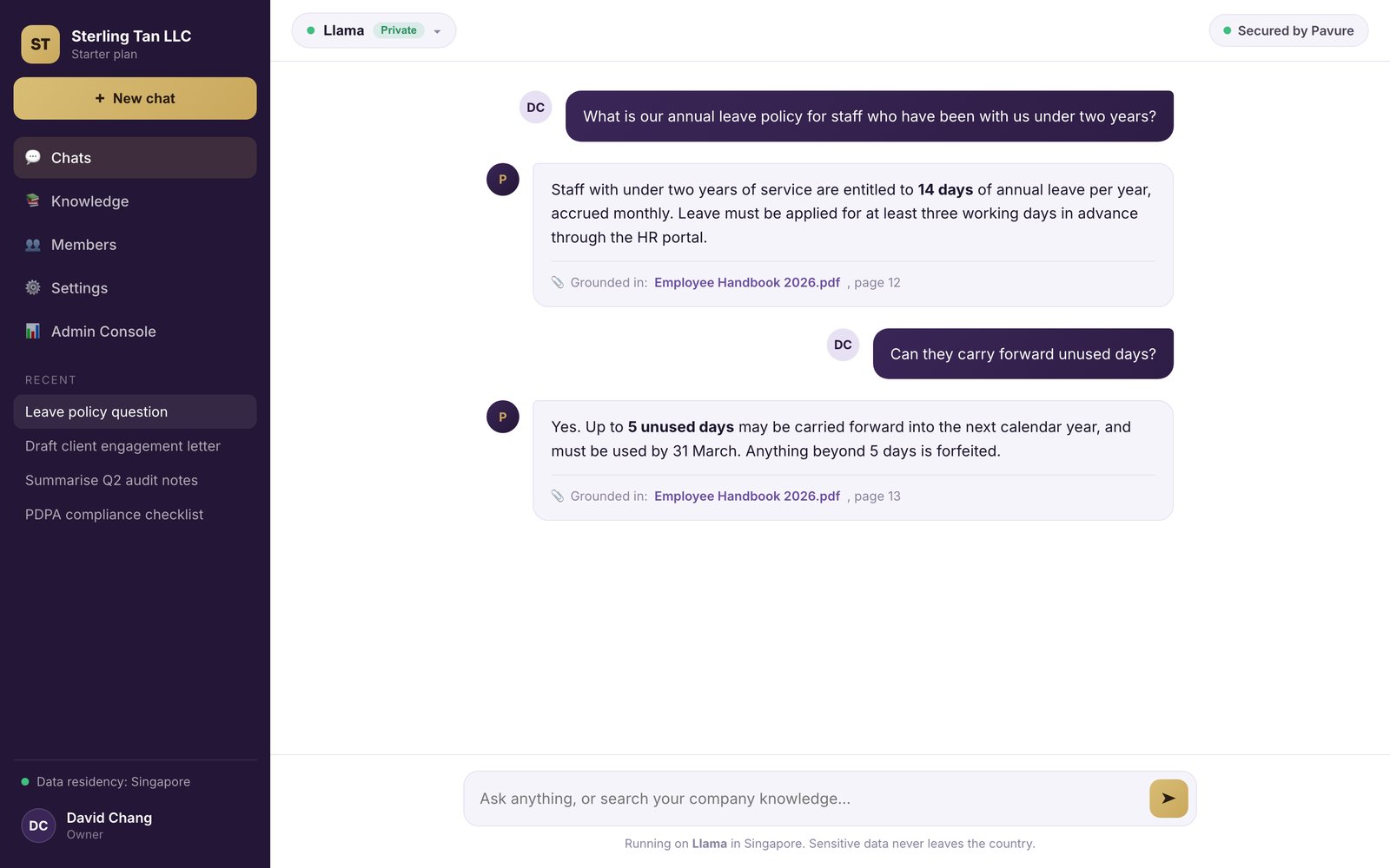 The Pavure workspace answering from company knowledge, with the source cited