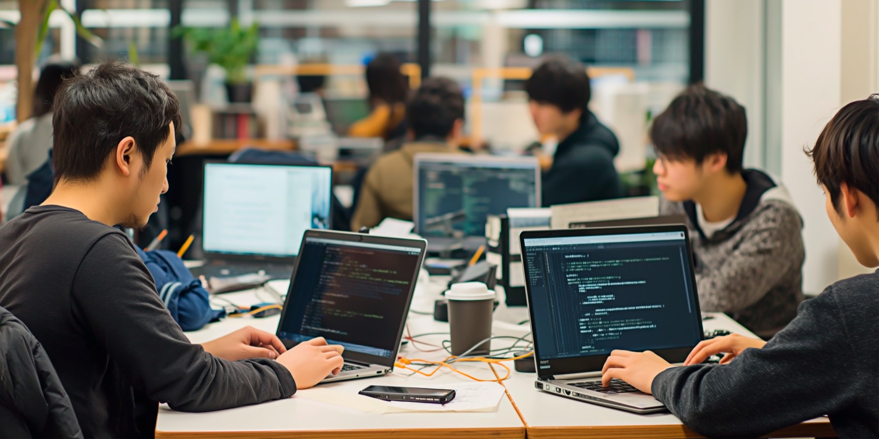 Engineers working alongside each other at a shared desk