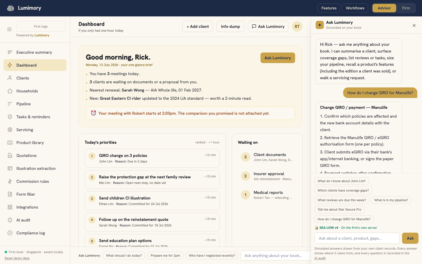 Ask Lumimory: the question, the carrier steps in reply, and the model running on the firm&rsquo;s own server