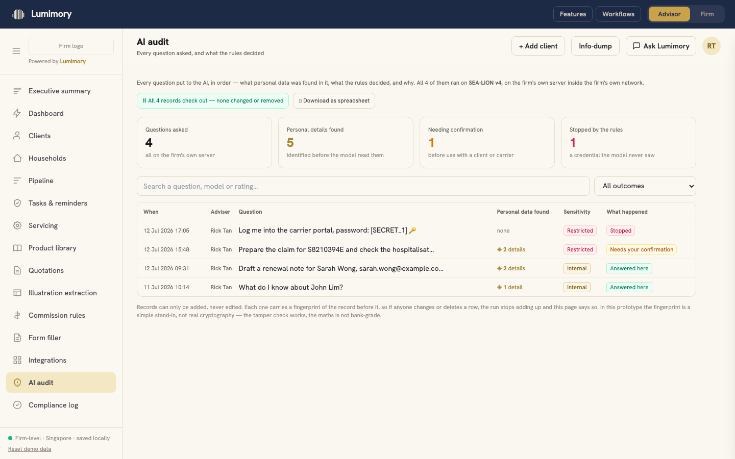 Lumimory AI audit log