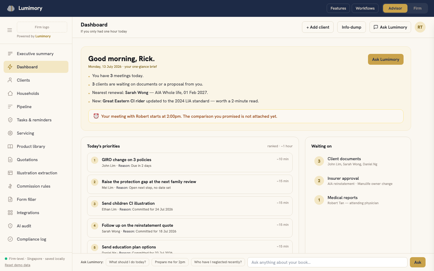 Lumimory advisor dashboard