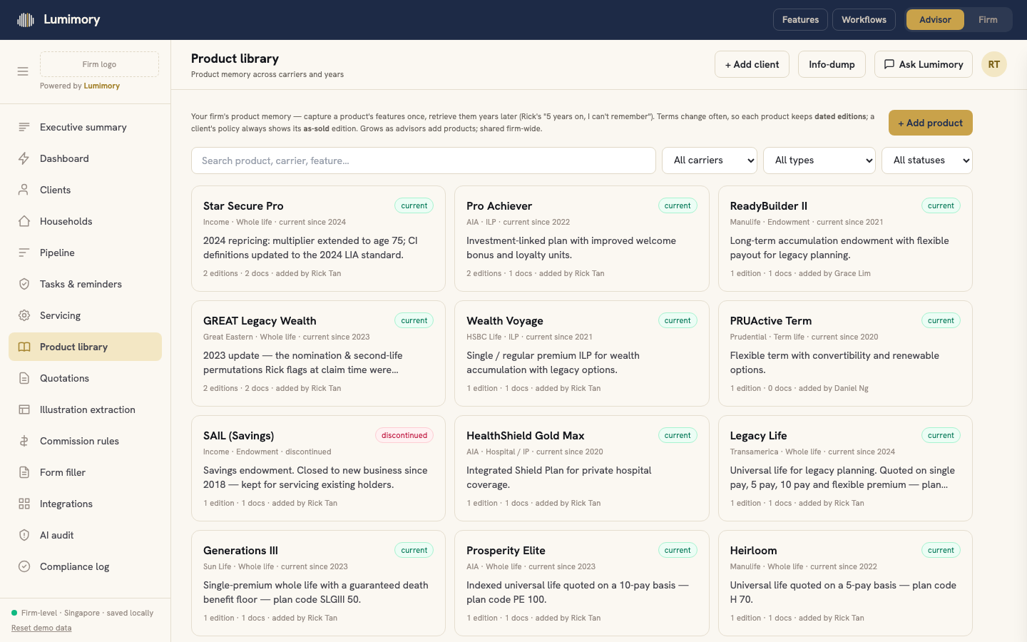 Lumimory product library with dated editions per product
